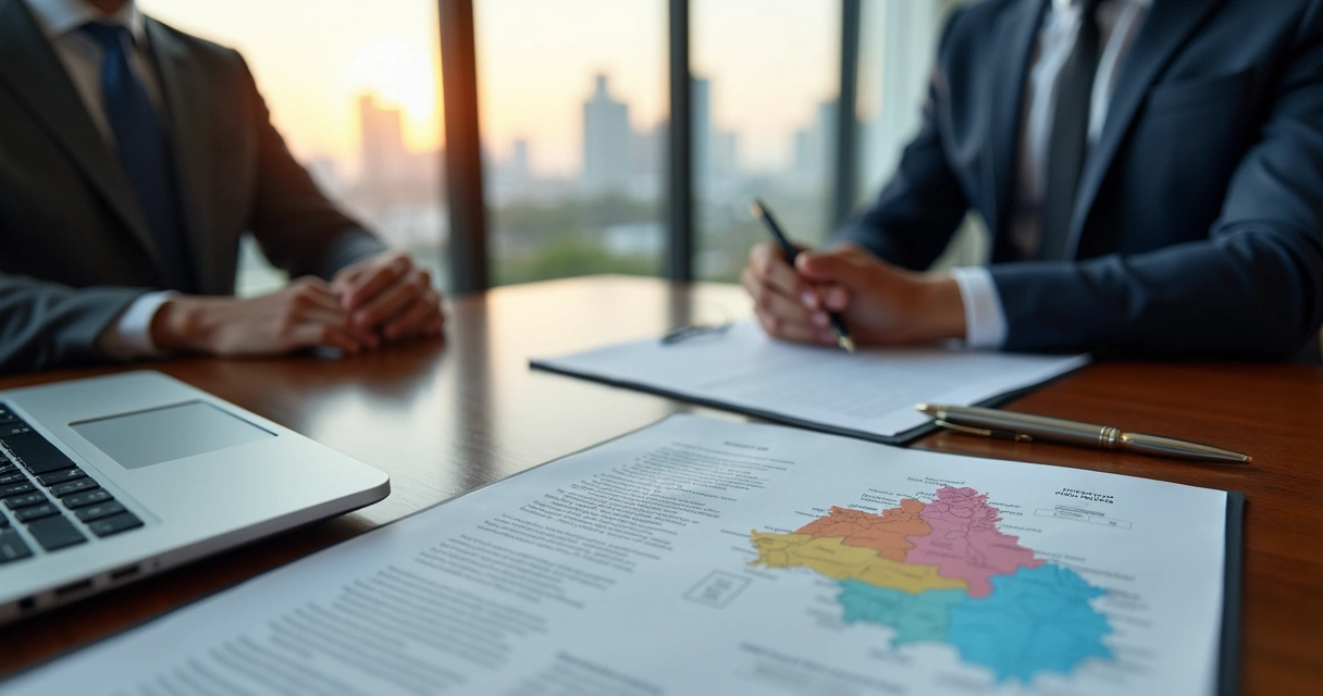 Advogado analisando contrato de representação comercial com mapa de zonas exclusivas na mesa 