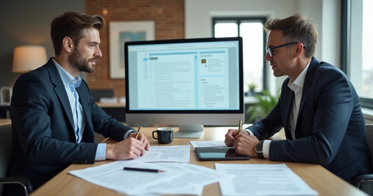 Advogado revisando contratos digitais com cliente na mesa de trabalho 
