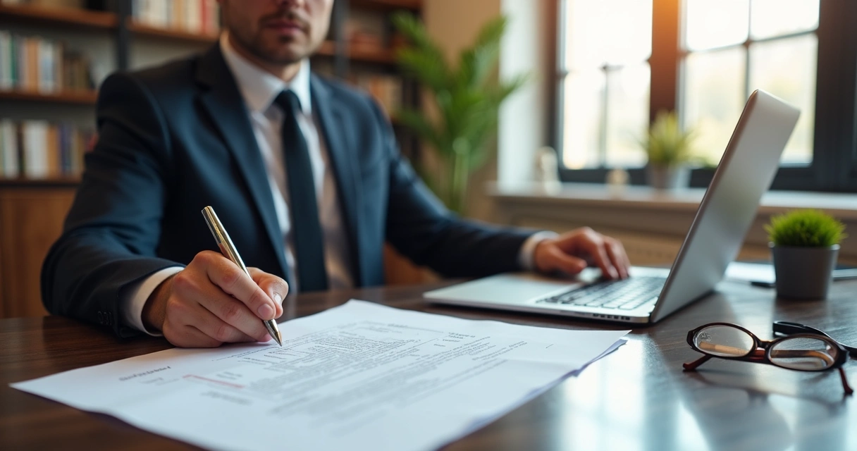 Advogado revisando contrato em mesa com documentos e computador 
