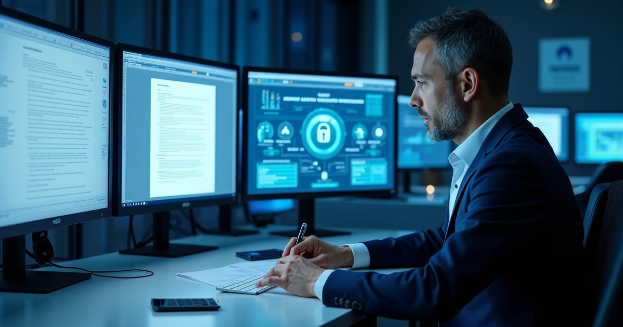 Advogado analisando contratos digitais com interface tecnológica 