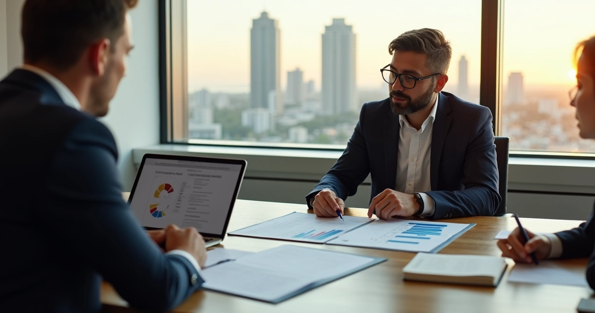 Advogado corporativo reunido com empresários em escritório moderno com vista para Recife 