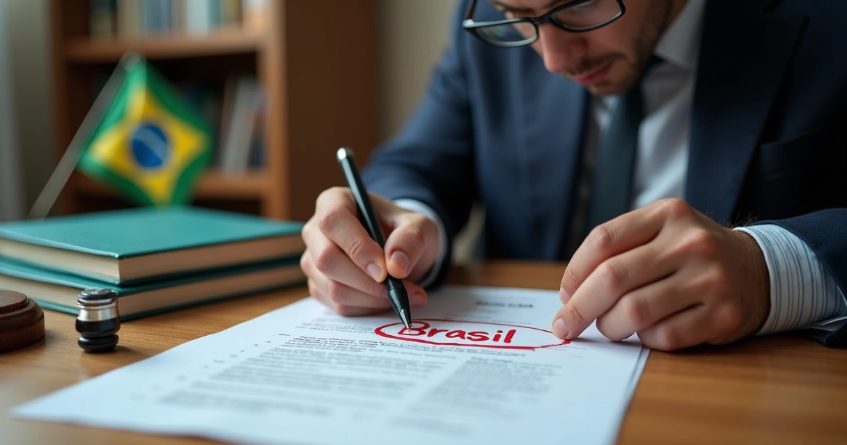 Advogado revisando documento para corrigir grafia Brasil. 