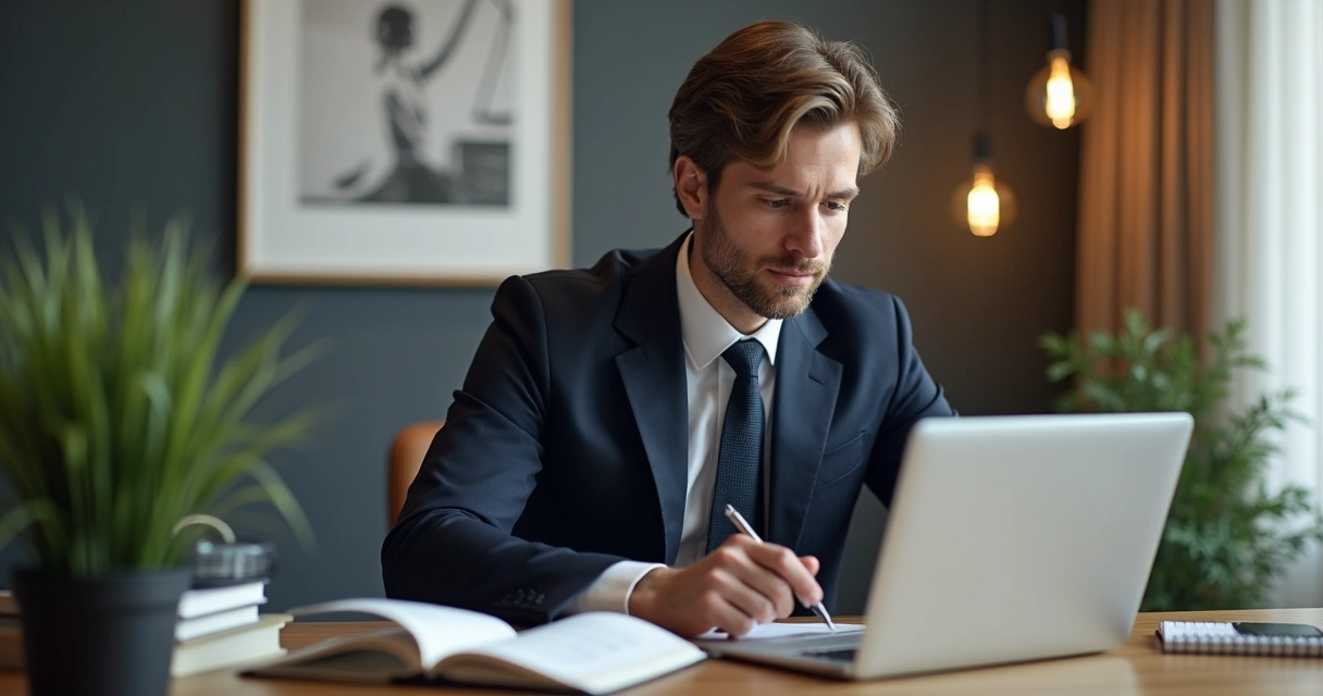 Advogado digitando em notebook, preparando conteúdo jurídico educativo 