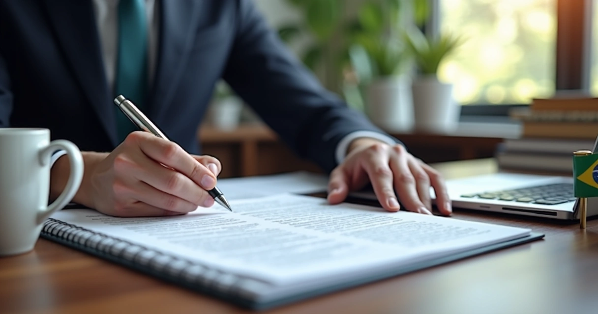 Advogado preparando argumentos jurídicos em escritório com documentos e notebook