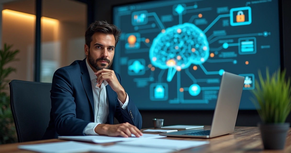 Advogado em mesa de trabalho refletindo sobre desafios da inteligência artificial na advocacia.