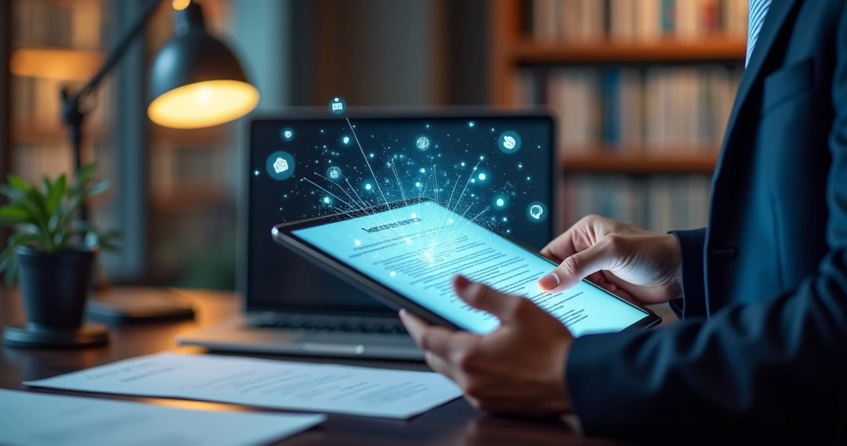 Advogado usando ferramentas digitais modernas de IA 