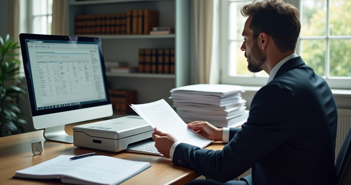 Advogado digitalizando documentos no escritório 