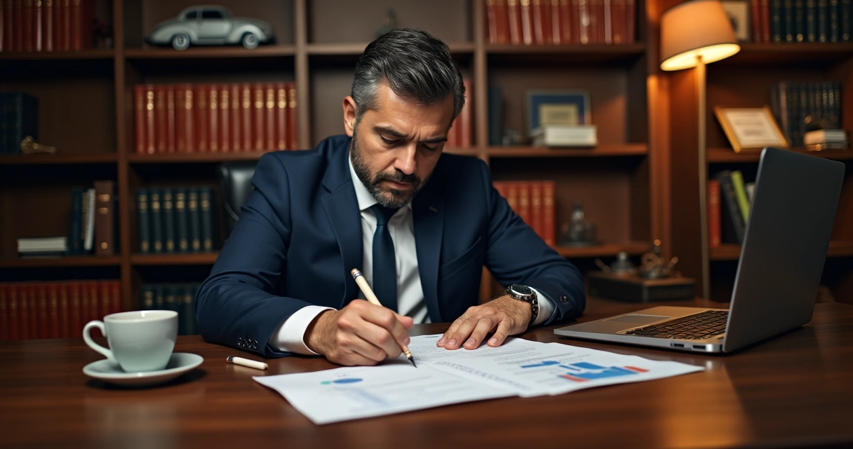 Advogado revisando contrato em escritório com estante de livros e laptop com gráficos.