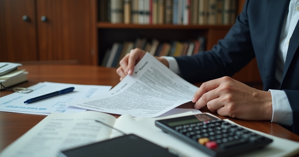 Advogado analisando extratos bancários e decisão judicial em escritório