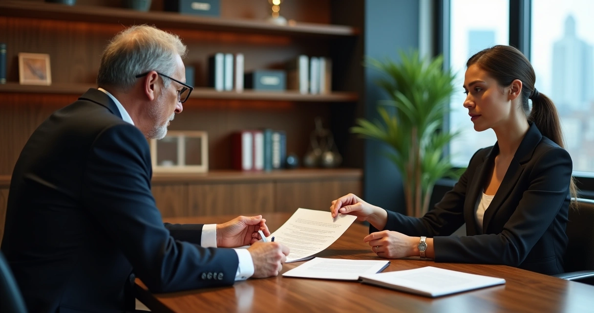 Ambiente de escritório com advogado e cliente discutindo sobre rescisão de contrato.