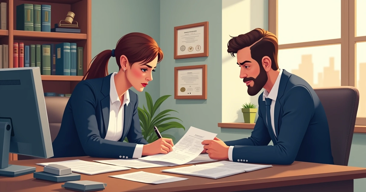 Advogado conversando com cliente em escritório 