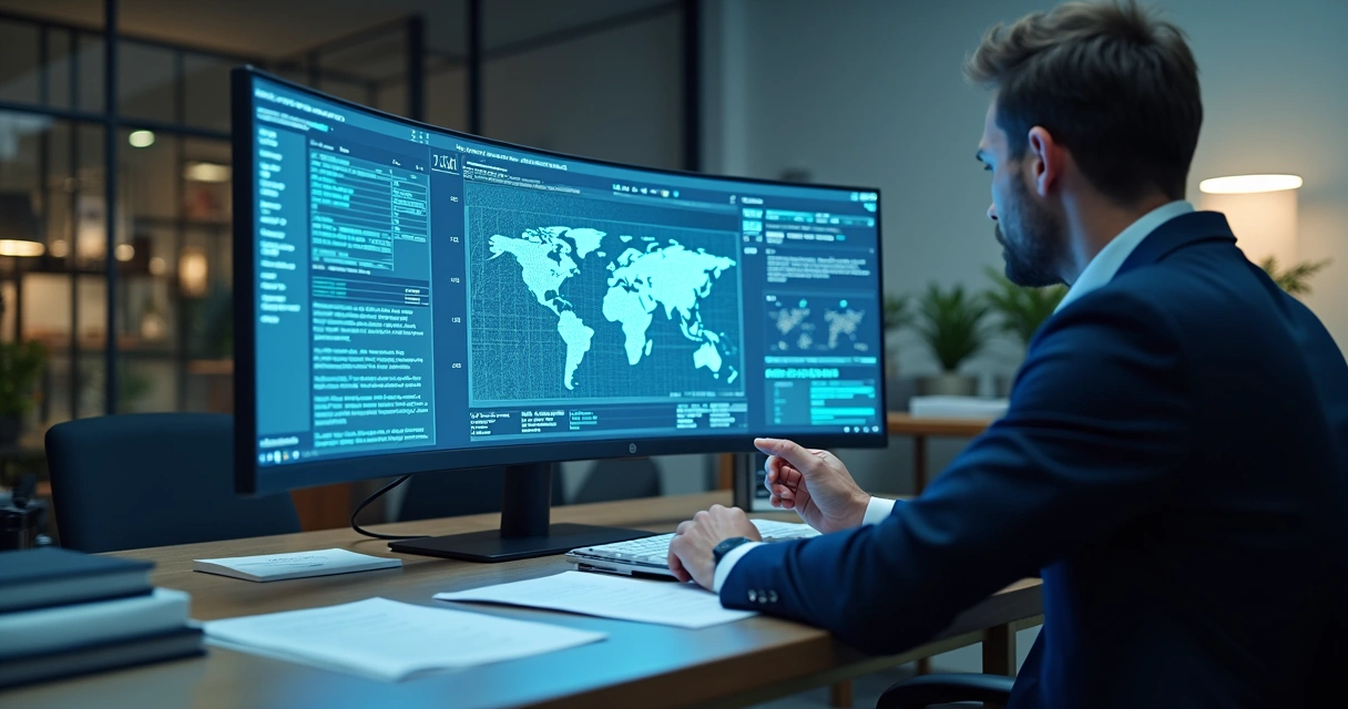 Advogado consulta relatórios jurídicos em tela de computador enquanto IA transmite dados visualmente
