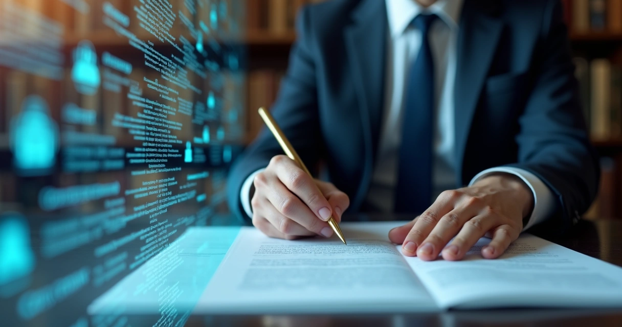Advogado analisando texto com inteligência artificial 