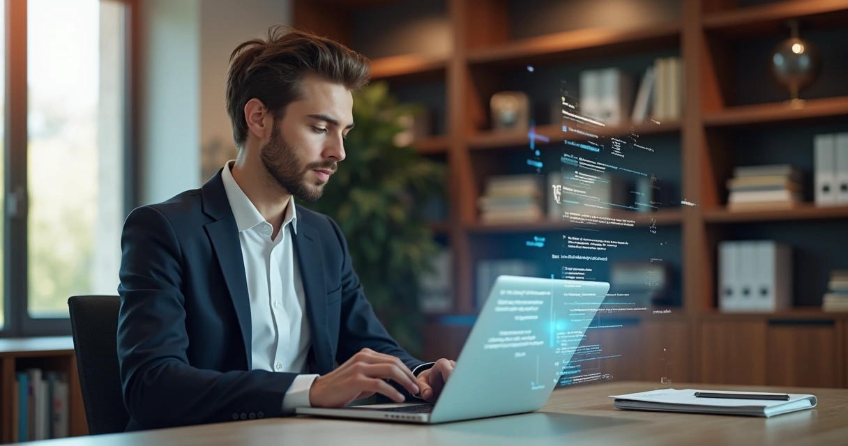 Advogado consultando jurisprudência em editor de texto no laptop com visualização de documentos jurídicos na tela 