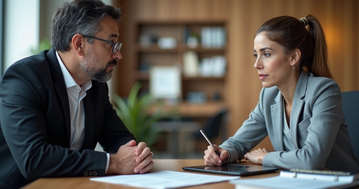 Advogado ouvindo com empatia cliente durante consulta 