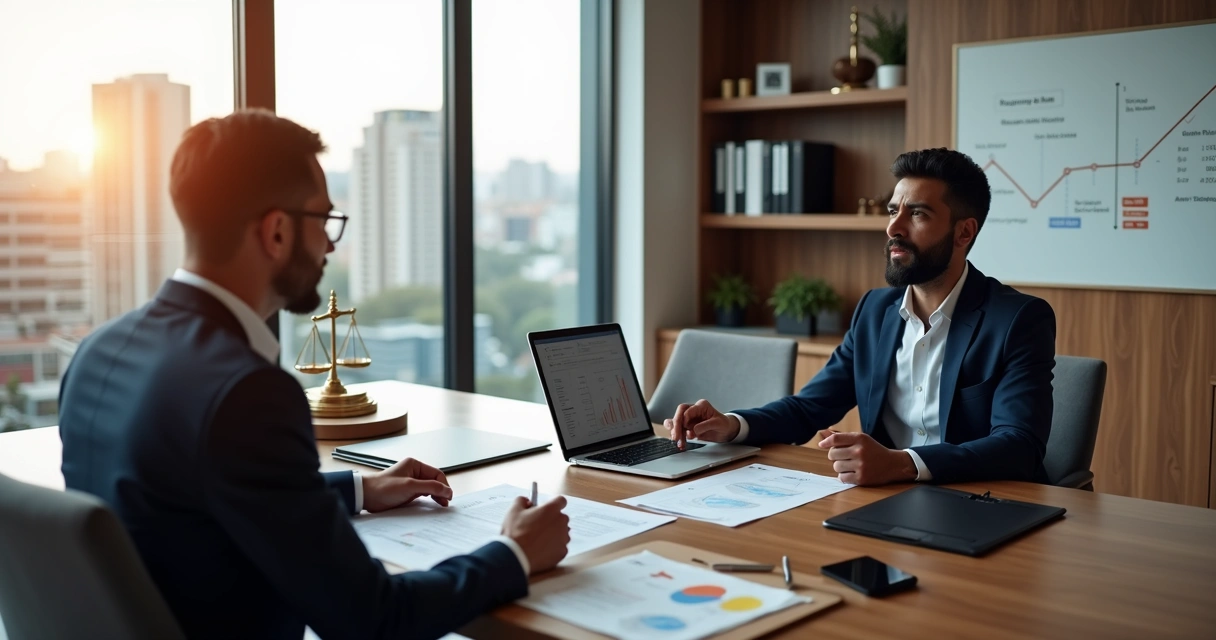 Advogado empresarial orientando empresária em reunião sobre contratos e finanças 