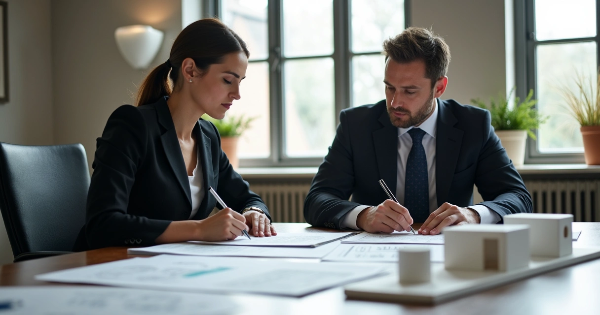 Advogado e engenheiro analisando laudo juntos 