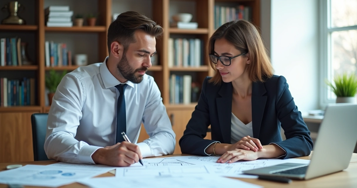 Advogado e engenheiro analisando quesitos técnicos juntos 