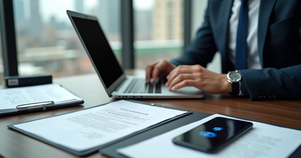 Advogado digitando notificação extrajudicial em laptop, com documentos ao lado 