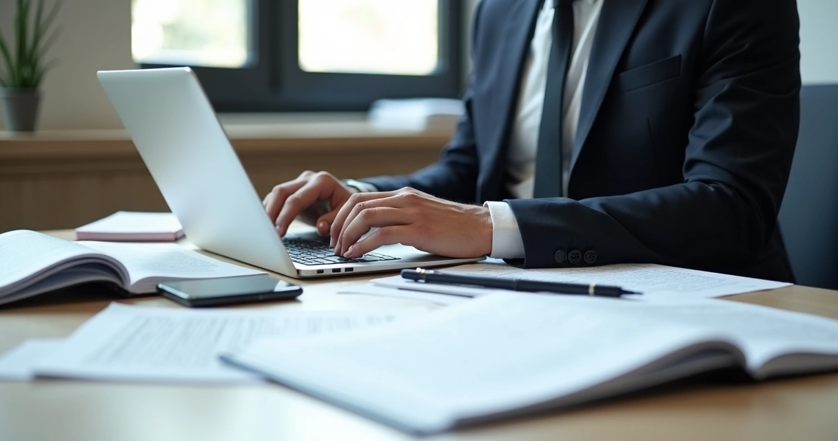 Advogado digitando em notebook com anotações e códigos jurídicos na mesa 