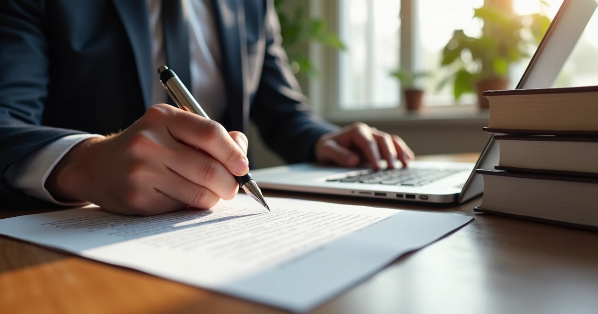 Advogado escrevendo documento jurídico em escritório moderno com livros de direito ao fundo 