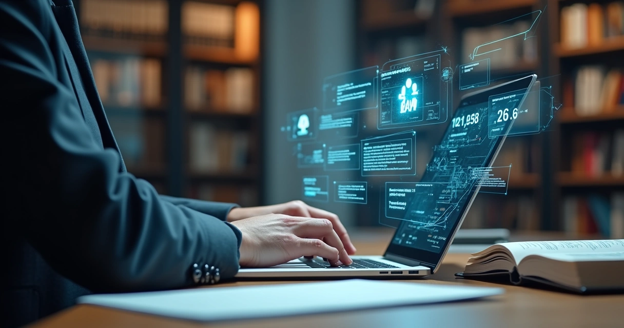 Advogado digitando petição em computador com gráficos de IA ao fundo