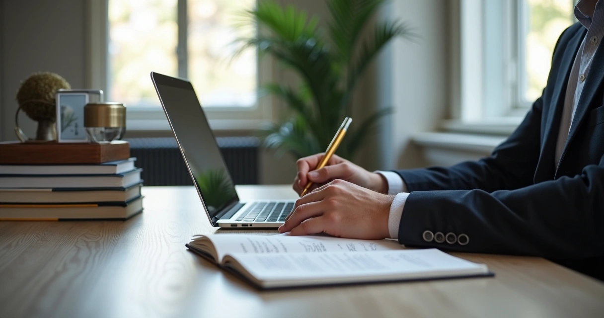 Advogado produzindo conteúdo jurídico no escritório