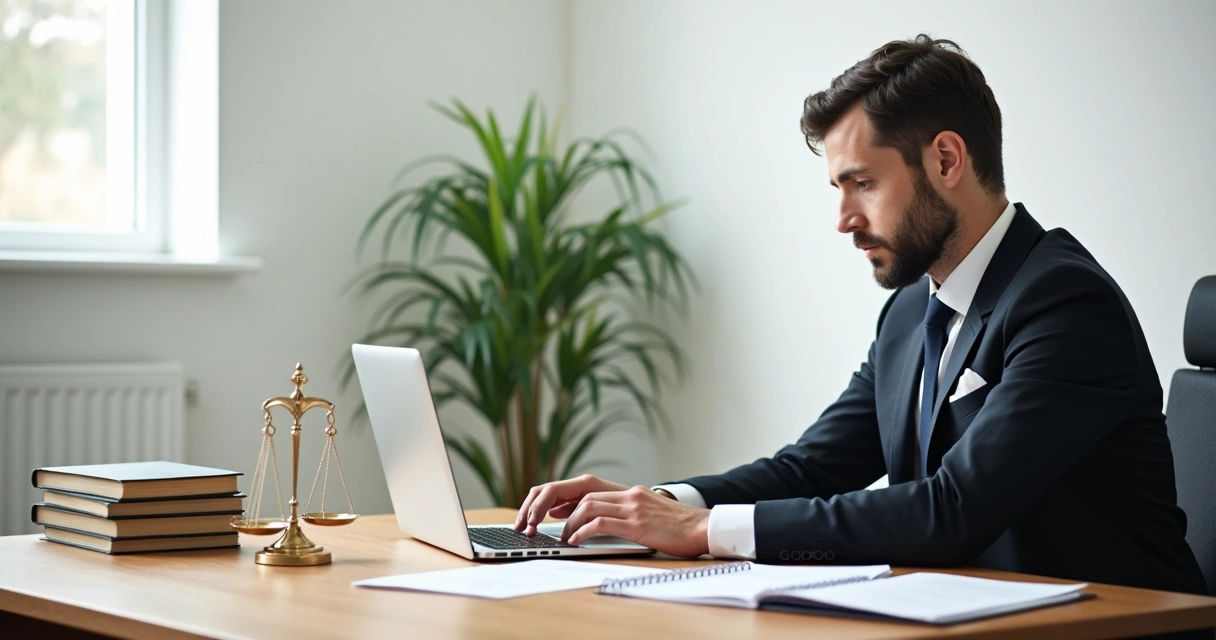 Advogado sozinho trabalhando em mesa com documentos e computador