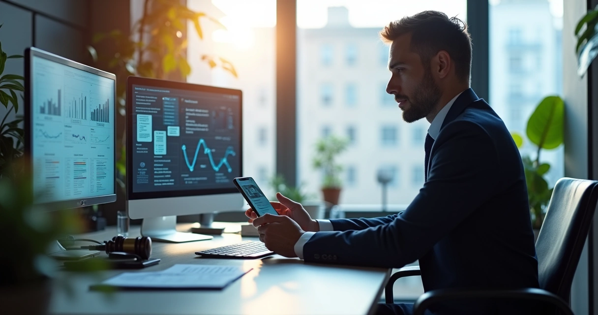 Advogado no escritório usando tecnologia para organizar processos
