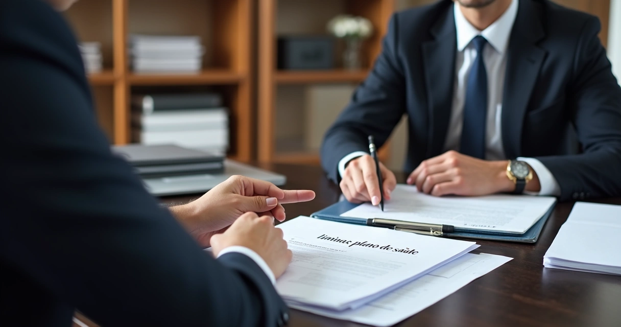 Advogado analisando documentos de plano de saúde com cliente