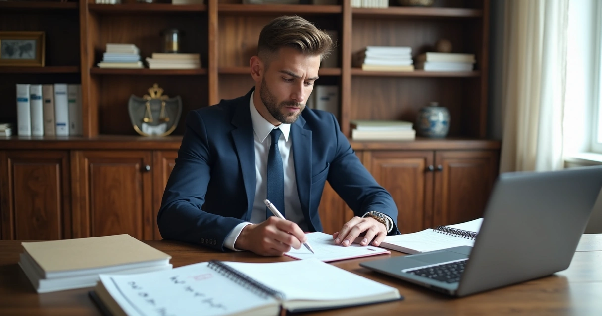 Advogado estudando jurisprudência no notebook com livros e agenda 