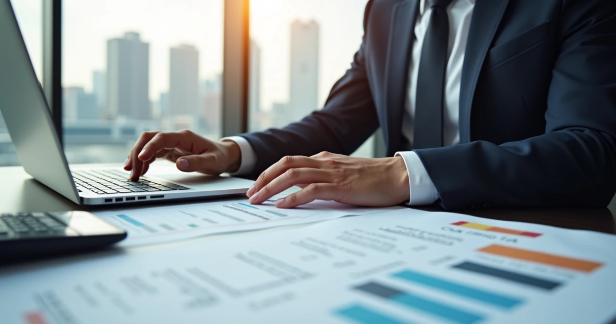 Advogado revisando documentos jurídicos com gráficos financeiros em escritório moderno 