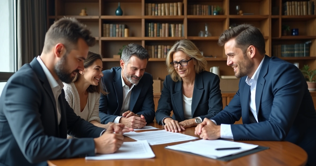 Advogado explicando cláusulas de contrato imobiliário a uma família 