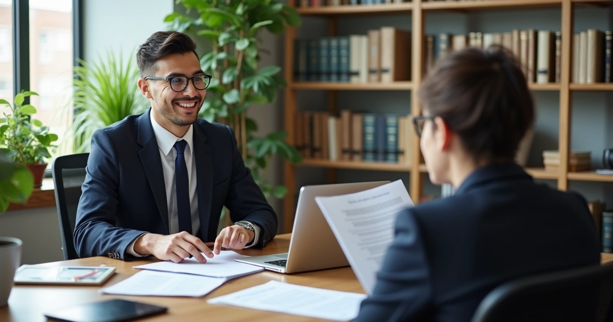 Advogado explicando opções jurídicas para cliente em escritório iluminado 