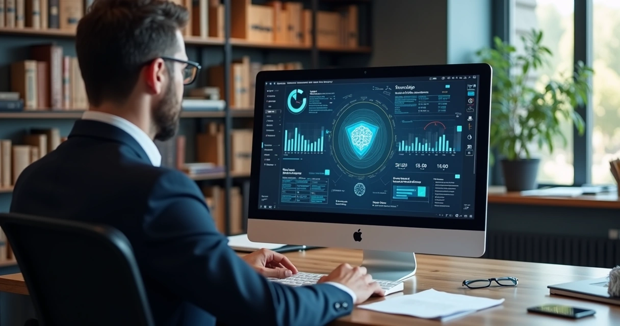 Advogado mostra a cliente detalhes de uso de IA em tela de computador. 