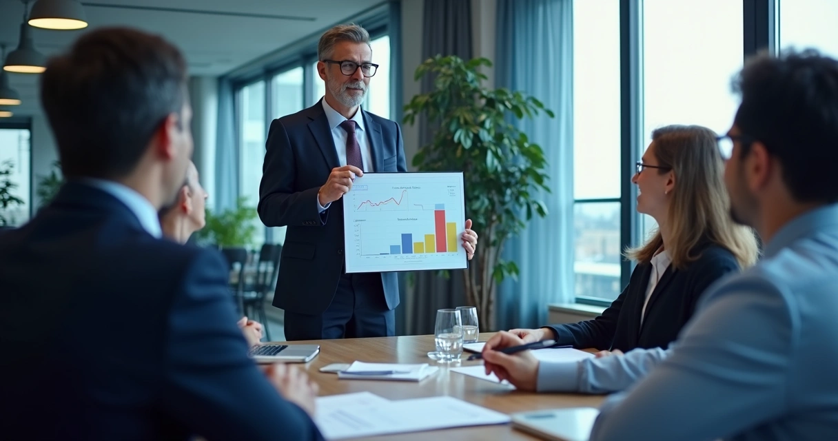 Advogado explicando planejamento patrimonial para família com quadros e gráficos ao fundo 