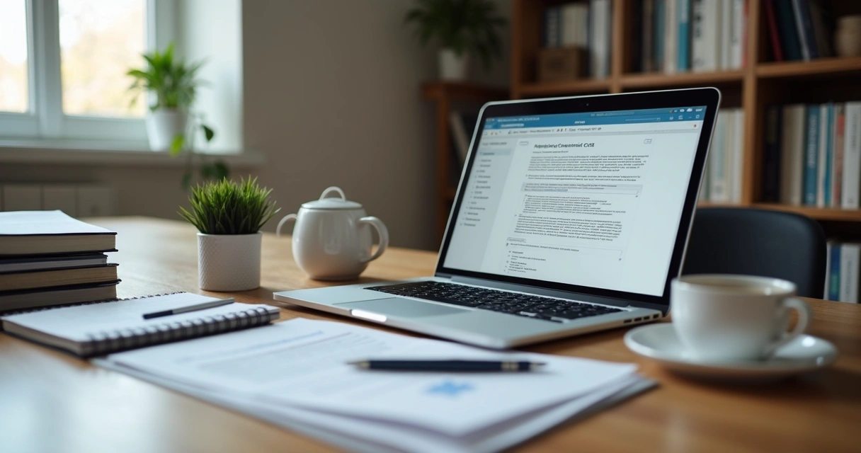 Advogado em mesa de trabalho com notebook e documentos 
