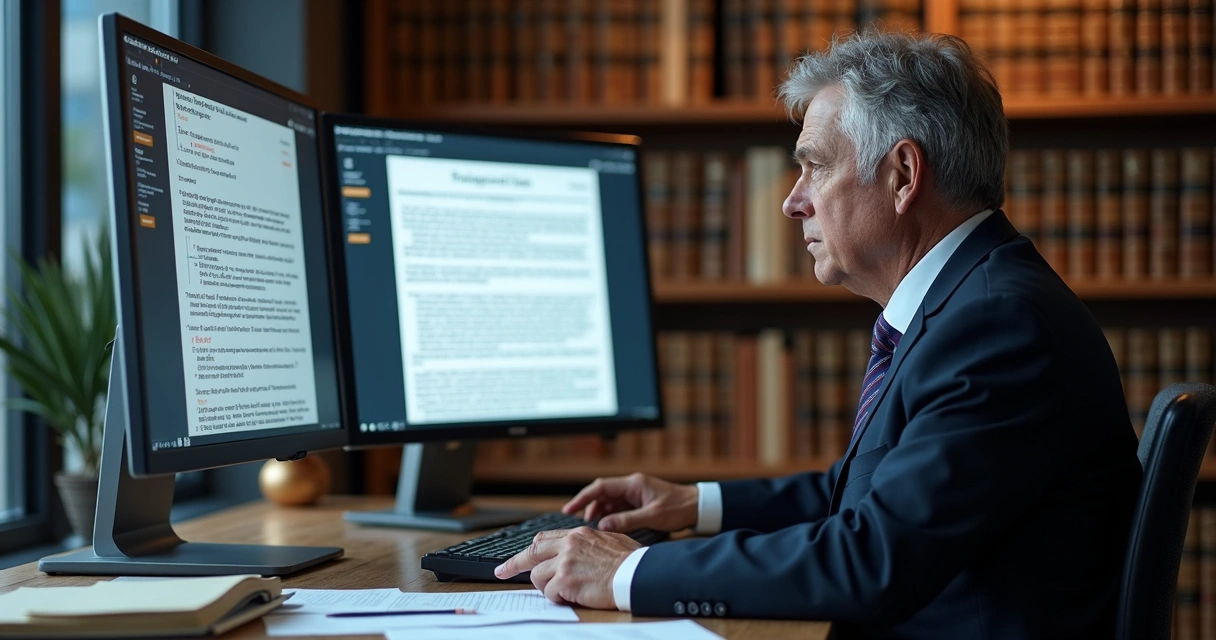 Advogado analisando documentos em frente a um computador com uma tela mostrando citações jurídicas questionáveis 
