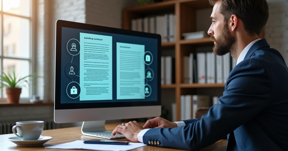Advogado revisando contrato no computador com inteligência artificial 