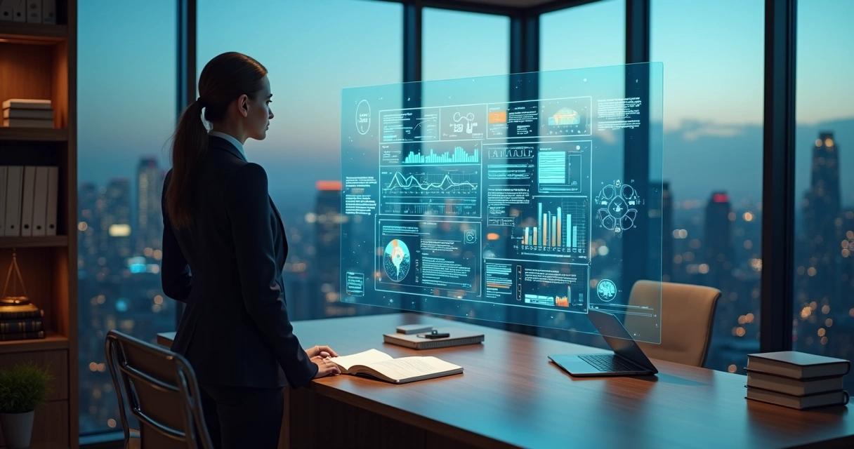 Advogada analisa painel transparente com dados jurídicos e gráficos de IA 