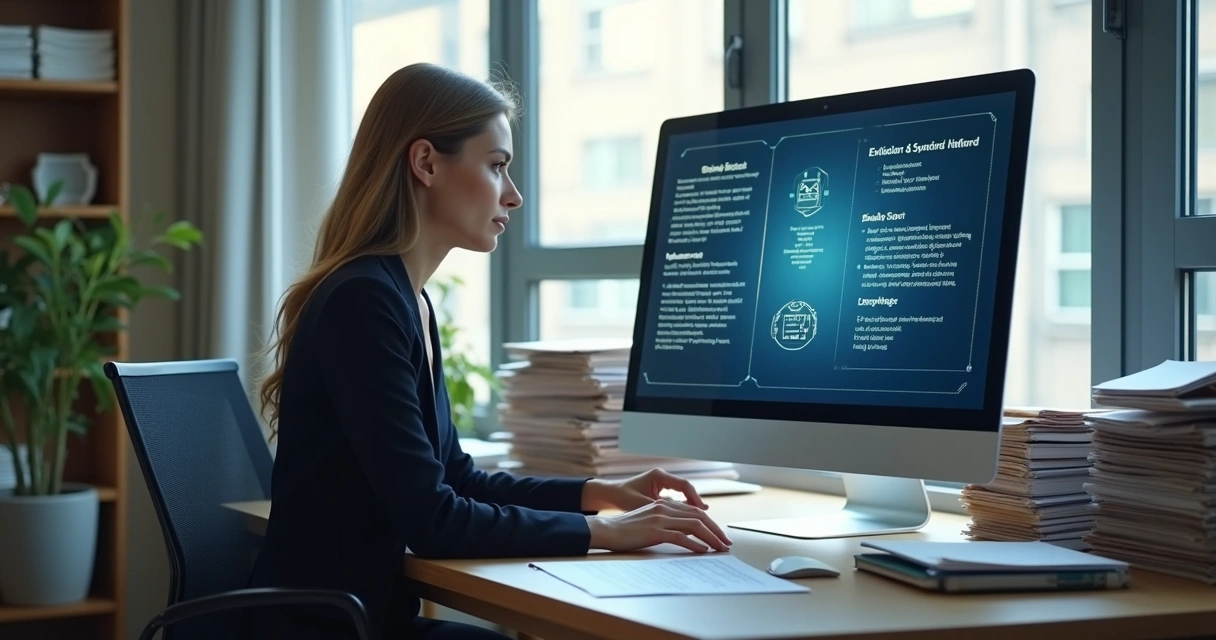 Advogada digitalizando documentos jurídicos em seu escritório com interface de IA na tela 