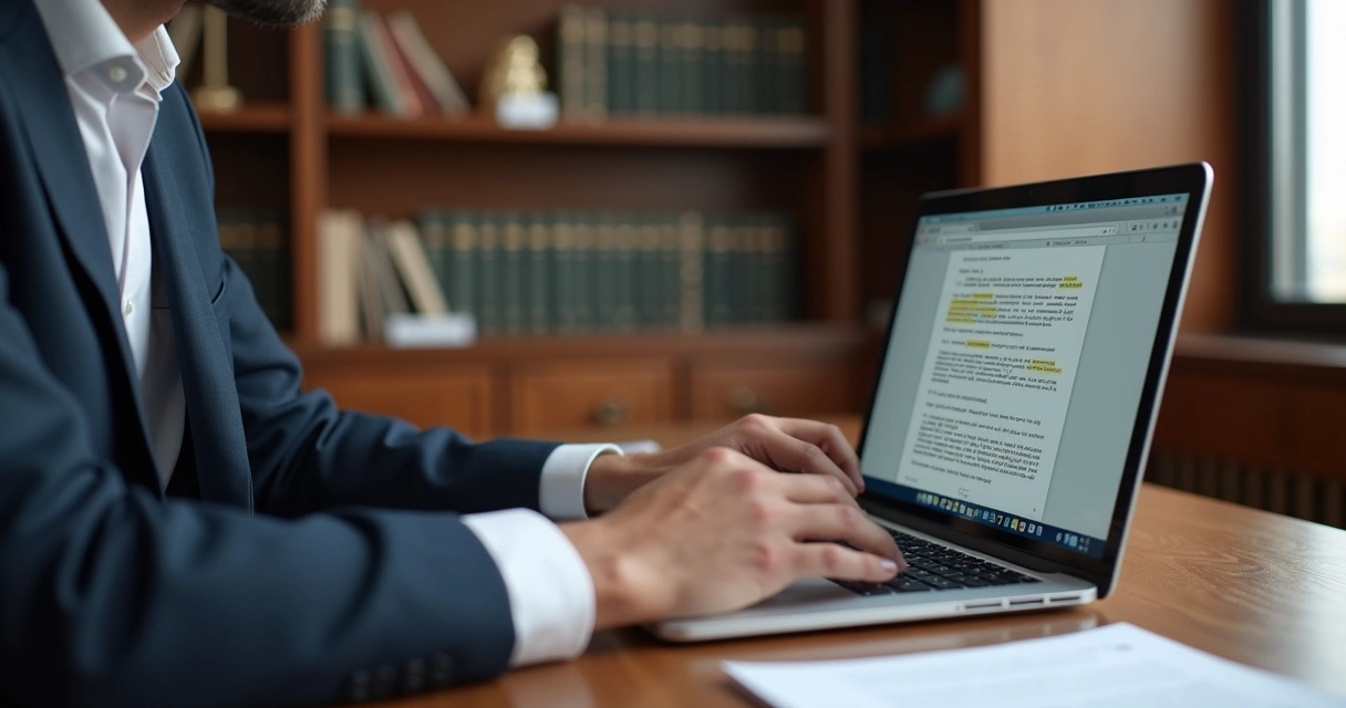Advogado em escritório digitando petição enquanto observa tela com sugestões da IA 