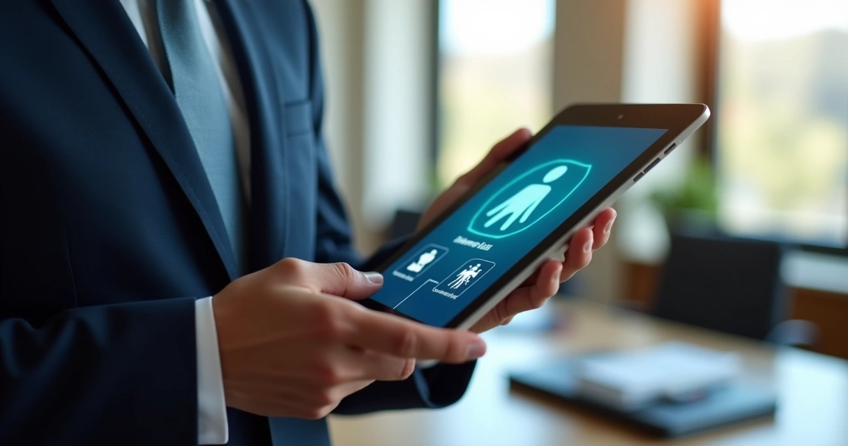 Advogado usando tablet com sistema de IA integrado 