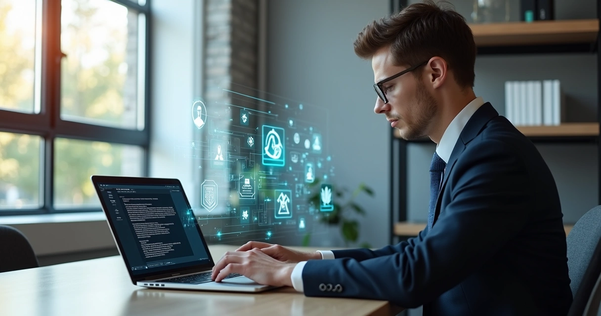 Advogado trabalha em editor com inteligência artificial no escritório 