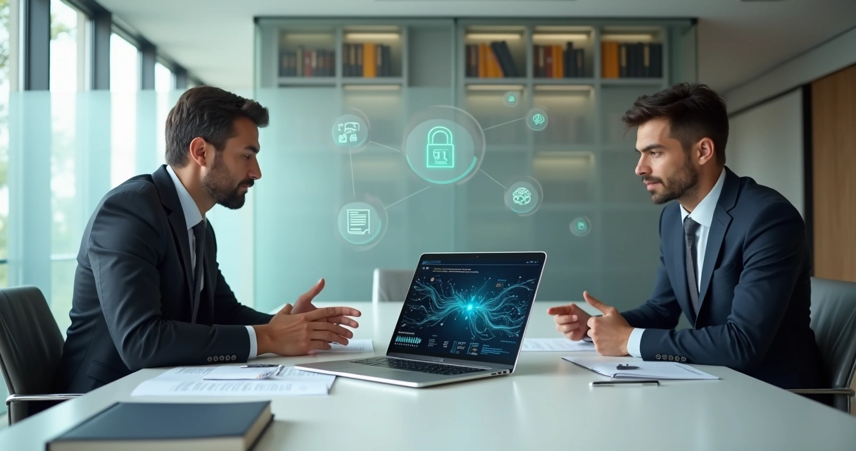 Advogado explica uso de inteligência artificial a cliente com tela dividida entre tecnologia e documentos jurídicos 