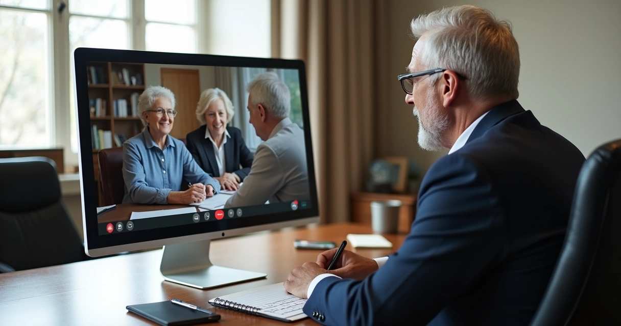 Advogado conversando por vídeo com idosos sobre BPC no escritório 