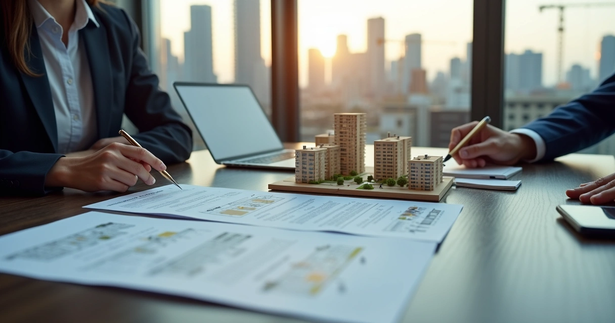 Advogada analisando contrato de incorporação ao lado de planta de empreendimento imobiliário 