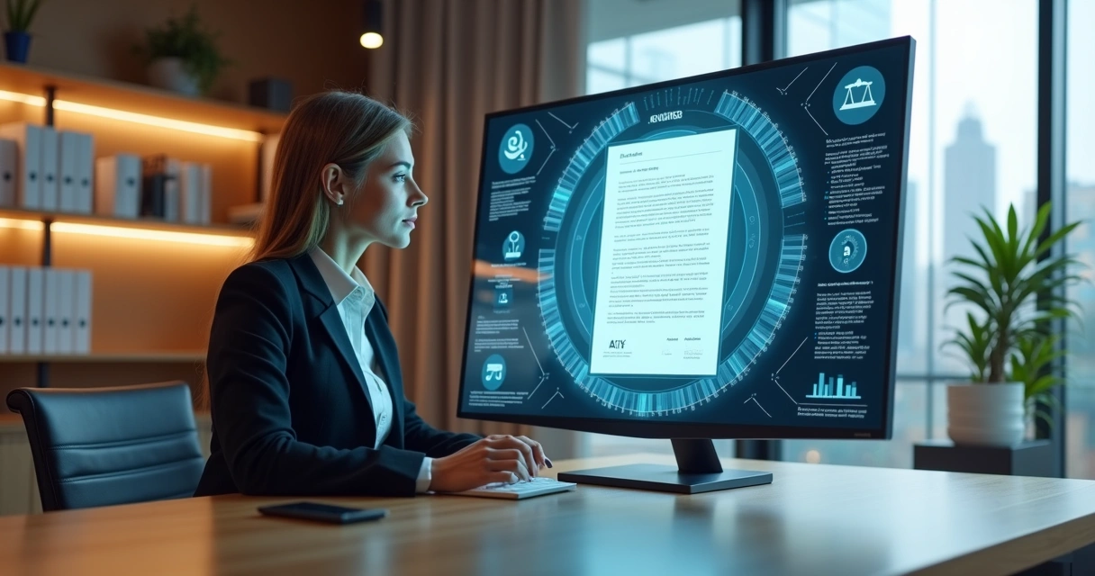 Advogada em mesa moderna interagindo com interface de inteligência artificial 