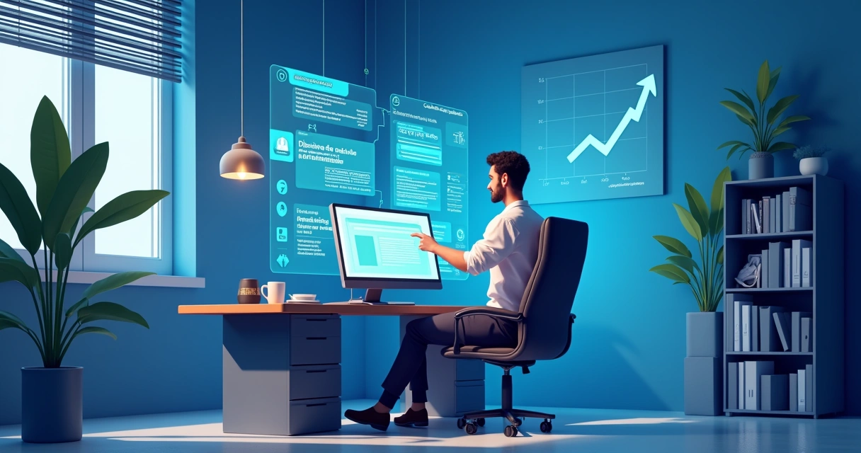 Advogado em escritório moderno usando jurisprudência automatizada em computador, com gráficos e detalhes de ambiente.