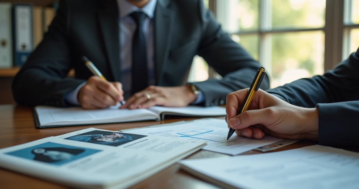 Advogado consultando processos sobre saúde em escritório moderno 